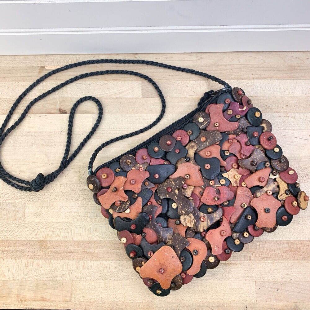 Boho Handmade Carved Wood Piece Design Crossbody Purse Made In The Philippines